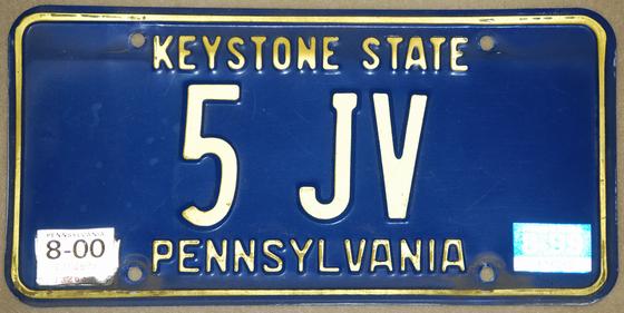 Pennsylvania vanity licence plate - 5 JV